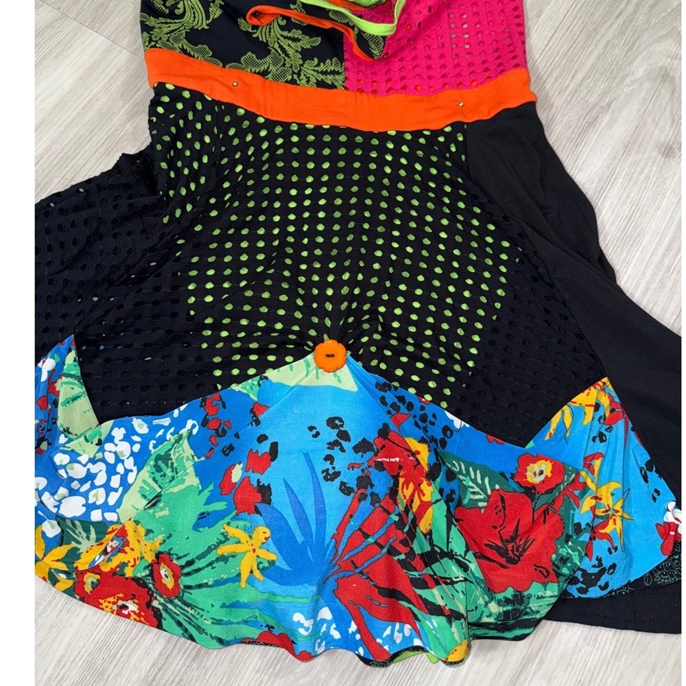 Seven Waves Mixed Media Mini Dress Neon Floral Polka Dot Mesh Artsy Boho Size 2 - Picture 8 of 9